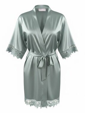 Birdy Grey Sage Satin Lace-Edged Robe